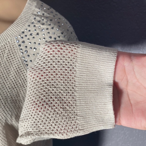 EXPRESS - NWT - cream sheer mesh knit l/s sweater w silver studded shoulders - L - Picture 11 of 16